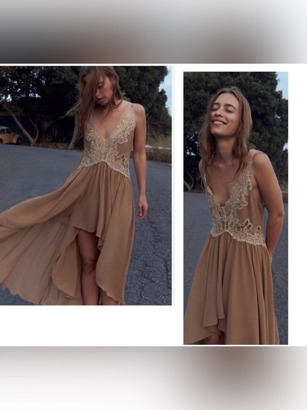 Zara taupe dress sleeveless intricate lace V-neck high-low hemline Sz L NWOT